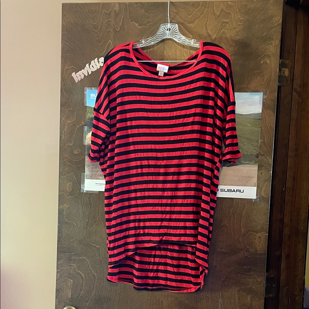 LuLaRoe Red and Black Striped Short Sleeve Top